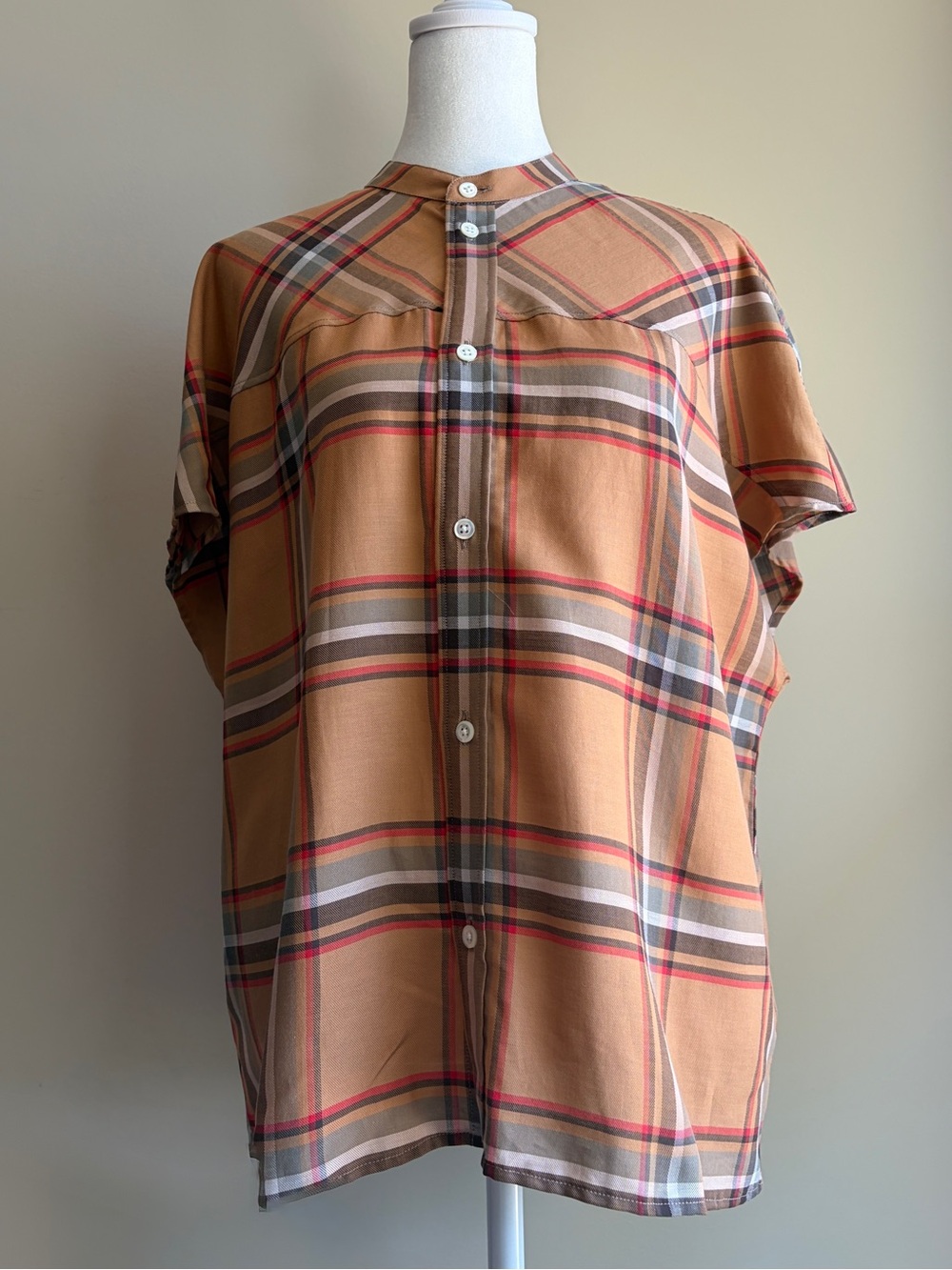 Billy Reid Women's Small Tan and Red Plaid Short-Sleeve Button-Down